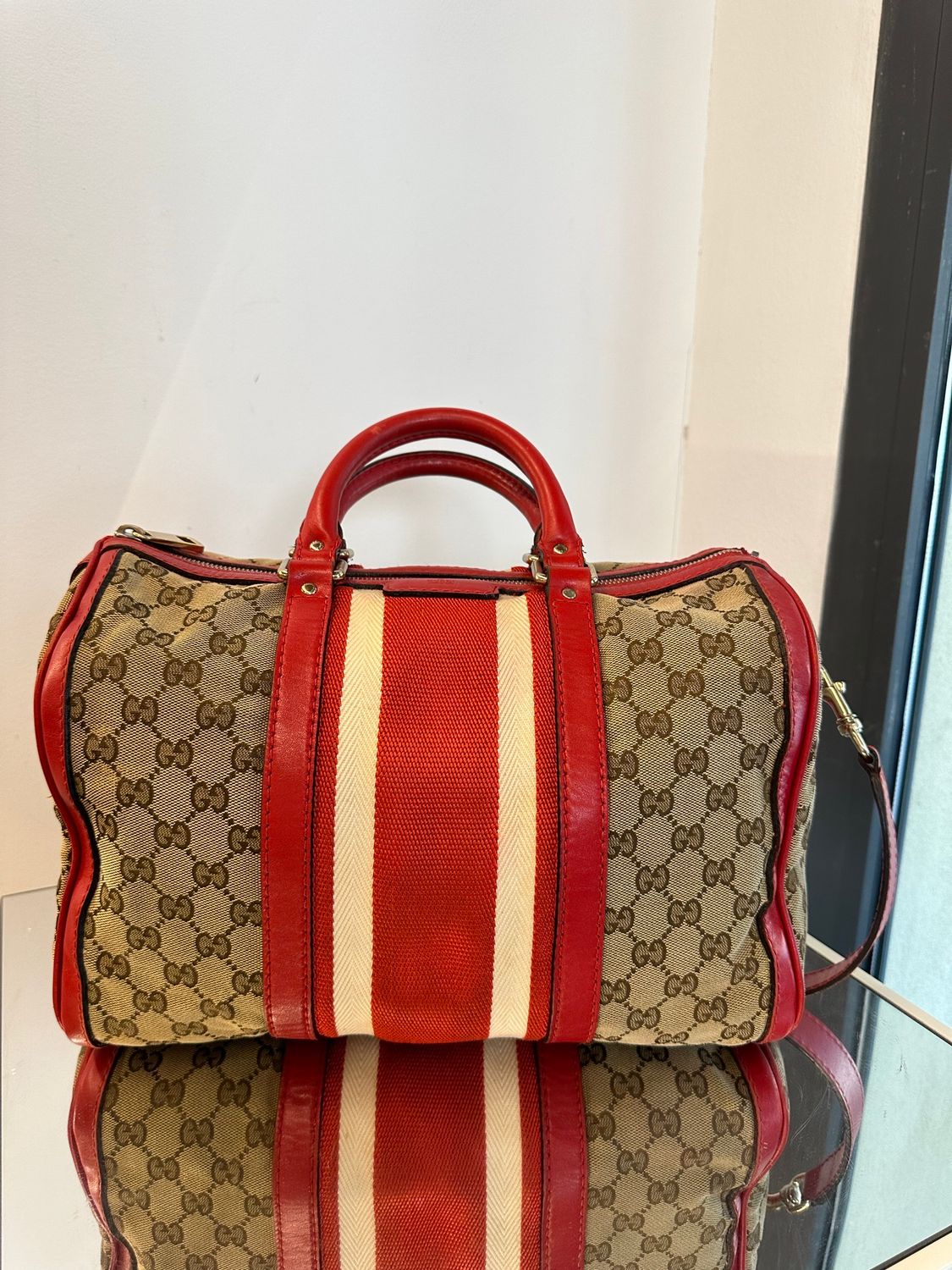 GUCCI BOSTON TESSUTO MONOGRAM E PELLE ROSSA