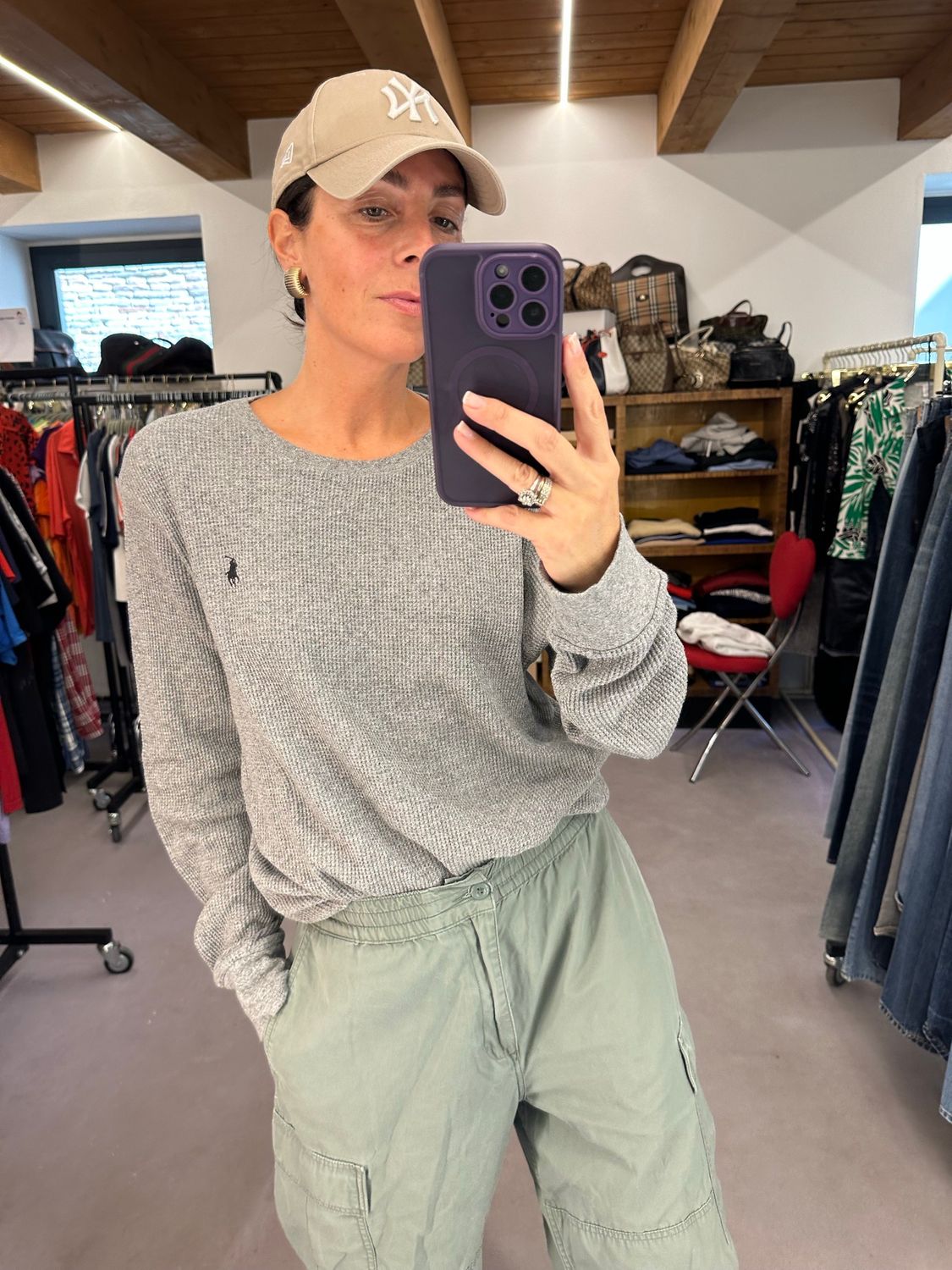 FELPINA RALPH LAUREN NIDO D APE GRIGIO CHIARO MELANGE CAVALLINO BLU TG L