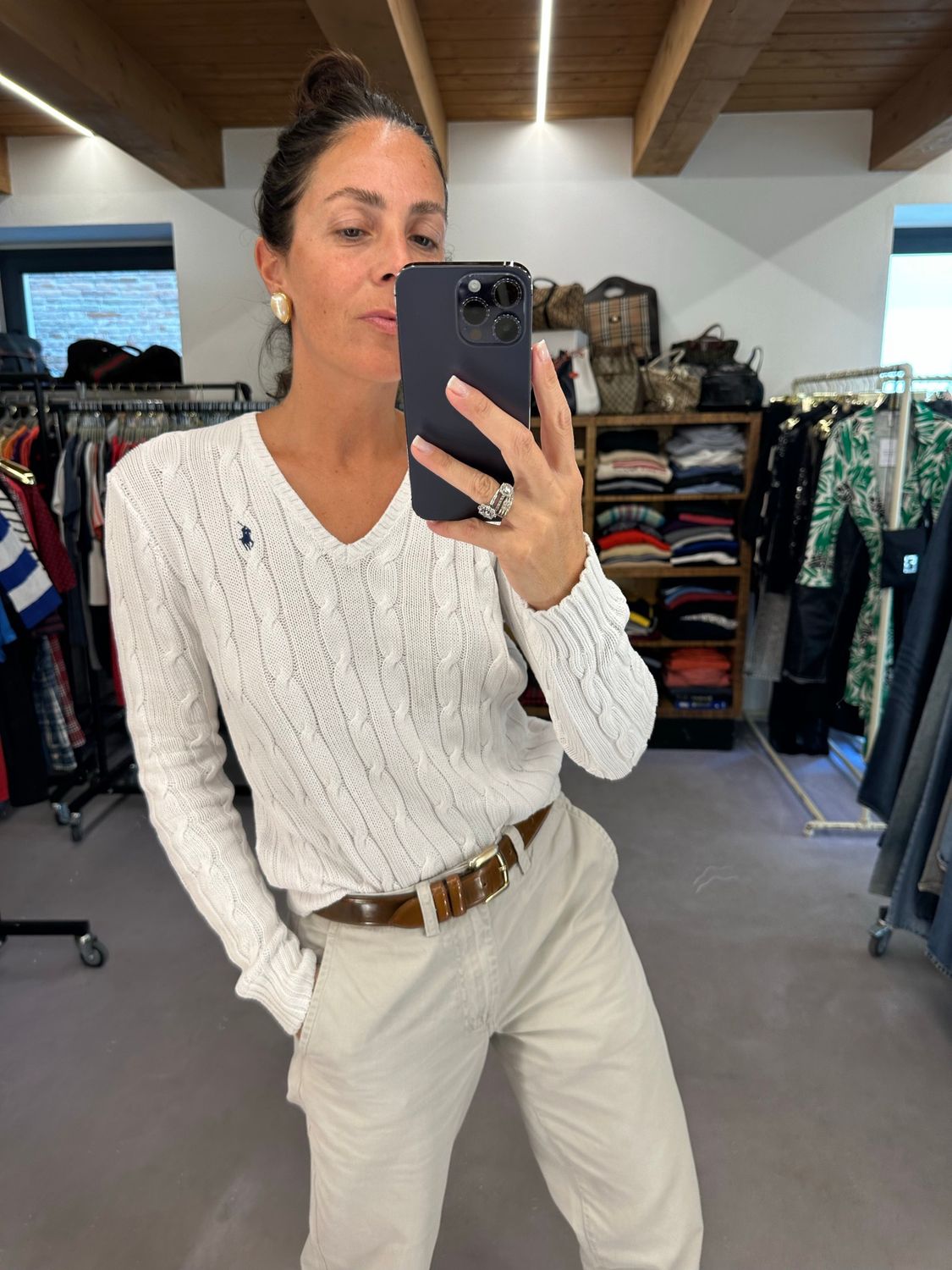 MAGLIONCINO RALPH LAUREN COTONE A TRECCE BIANCO CAVALLINO BLU TG M