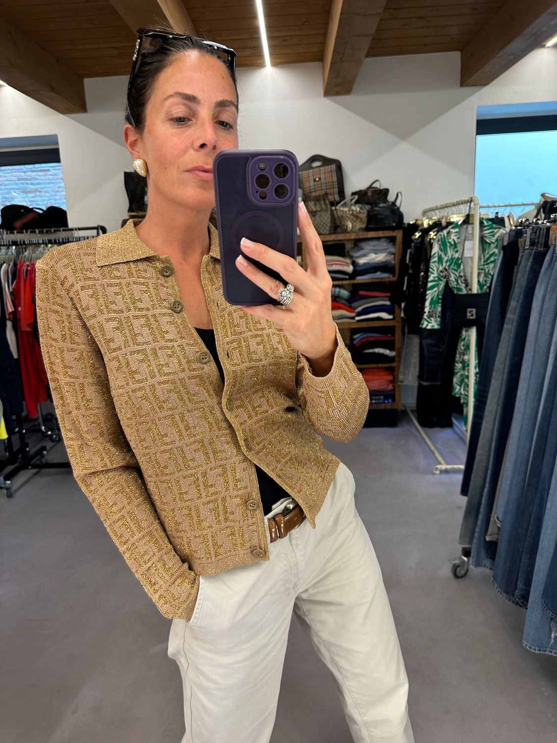 GIACCHINA FENDI VINTAGE FILO DI LUREX ORO E VISCOSA CAMMELLO MONOGRAM ZUCCA