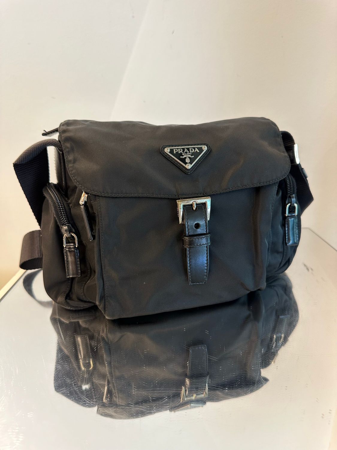 BORSA PRADA NERA NYLON E PELLE TASCHE MESSANGER SMALL TASCHE LATERALI 
