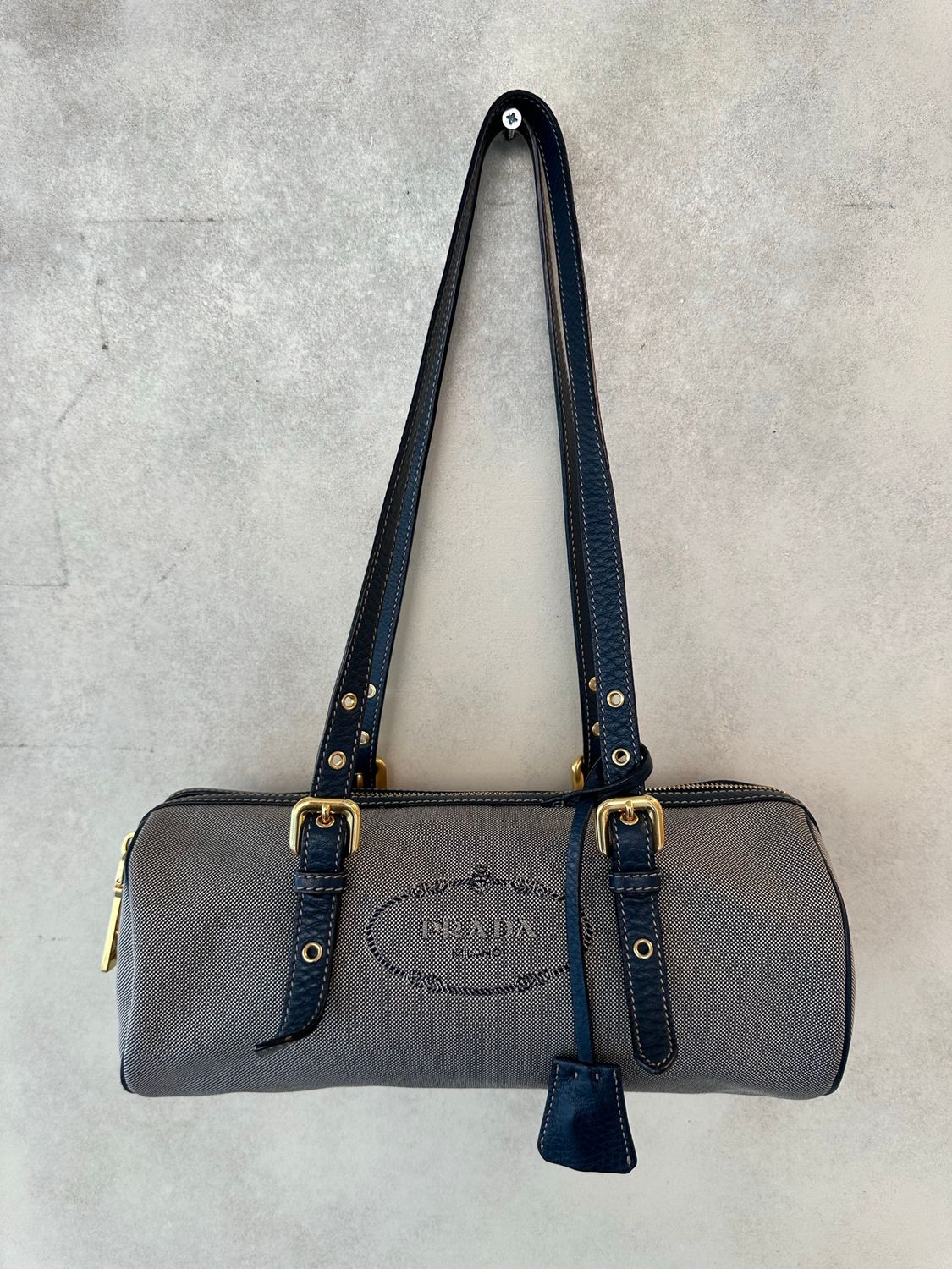 BAULETTO CILINDRO PRADA TELA E PELLE BLU HARDWARE ORO