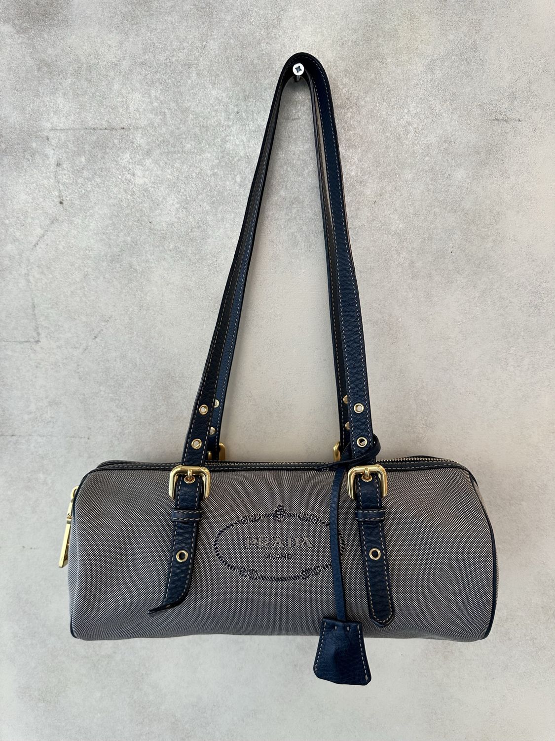 BAULETTO CILINDRO PRADA TELA E PELLE BLU HARDWARE ORO