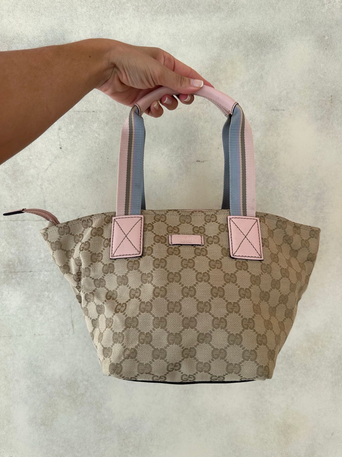 SHOPPER TRAPEZIO GUCCI TELA MONOGRAM SABBIA E PELLE ROSA
