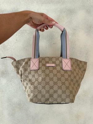 SHOPPER TRAPEZIO GUCCI TELA MONOGRAM SABBIA E PELLE ROSA