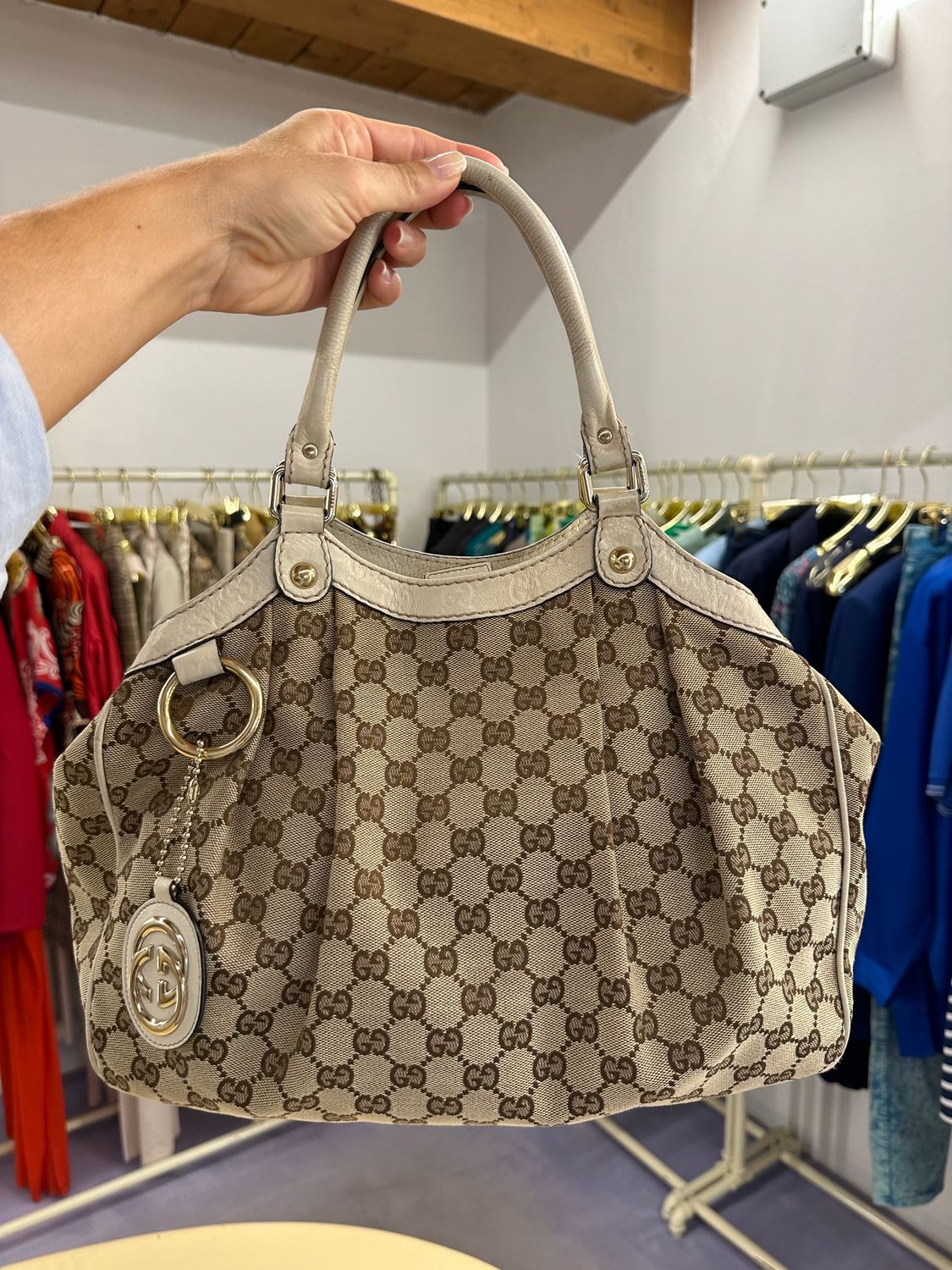BORSA GUCCI TELA MONOGRAM E PELLE GUCCISSIMA PANNA