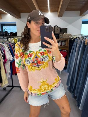 MAGLIONCINO VINTAGE PURO COTONE HANDMADE RICAMI FLOREALI E ORO
