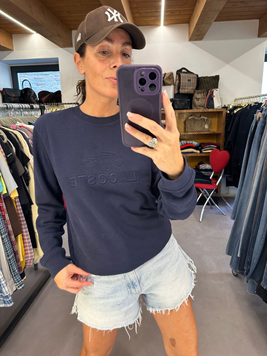 FELPA LACOSTE BLU GARZATA GIROCOLLO LOGO RICAMATO TONO SU TONO