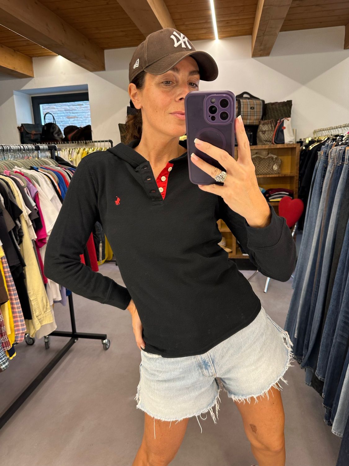FELPINA RALPH LAUREN NIDO D APE NERA CON CAPPUCCIO CAVALLINO ROSSO
