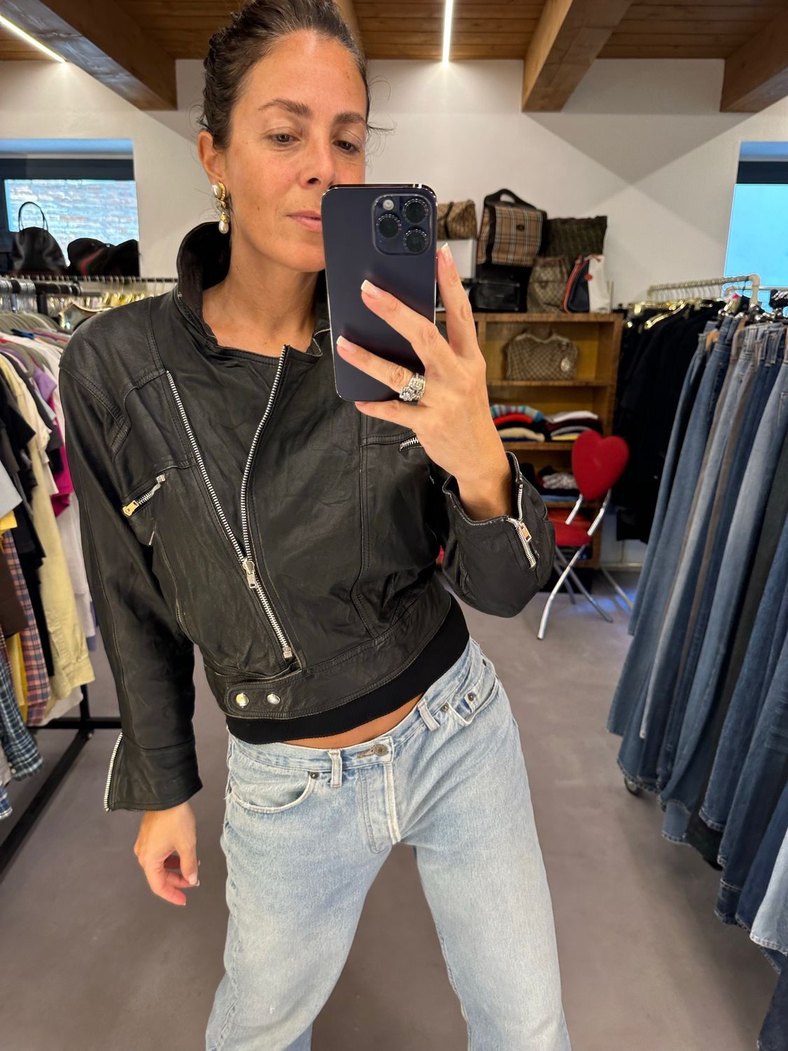 CHIODO VINTAGE DONNA ANNI 80 VERA PELLE NERO TG 42