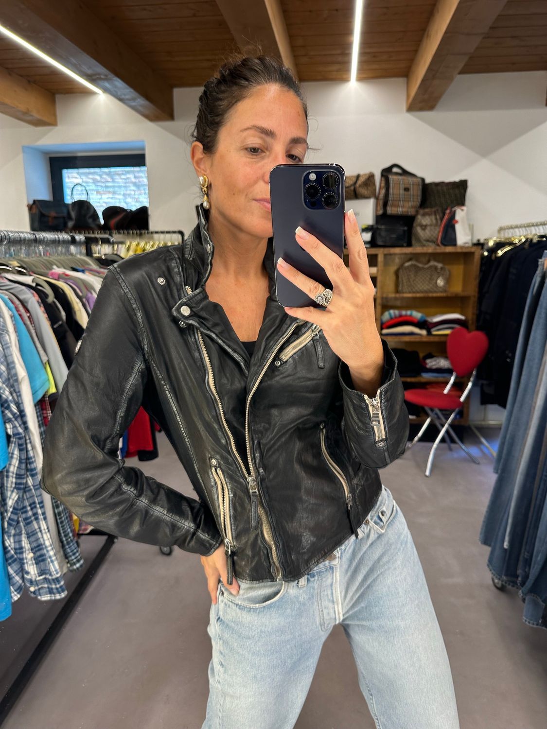 CHIODO VINTAGE DONNA VERA PELLE NERA EFFETTO VISSUTO TG 42 