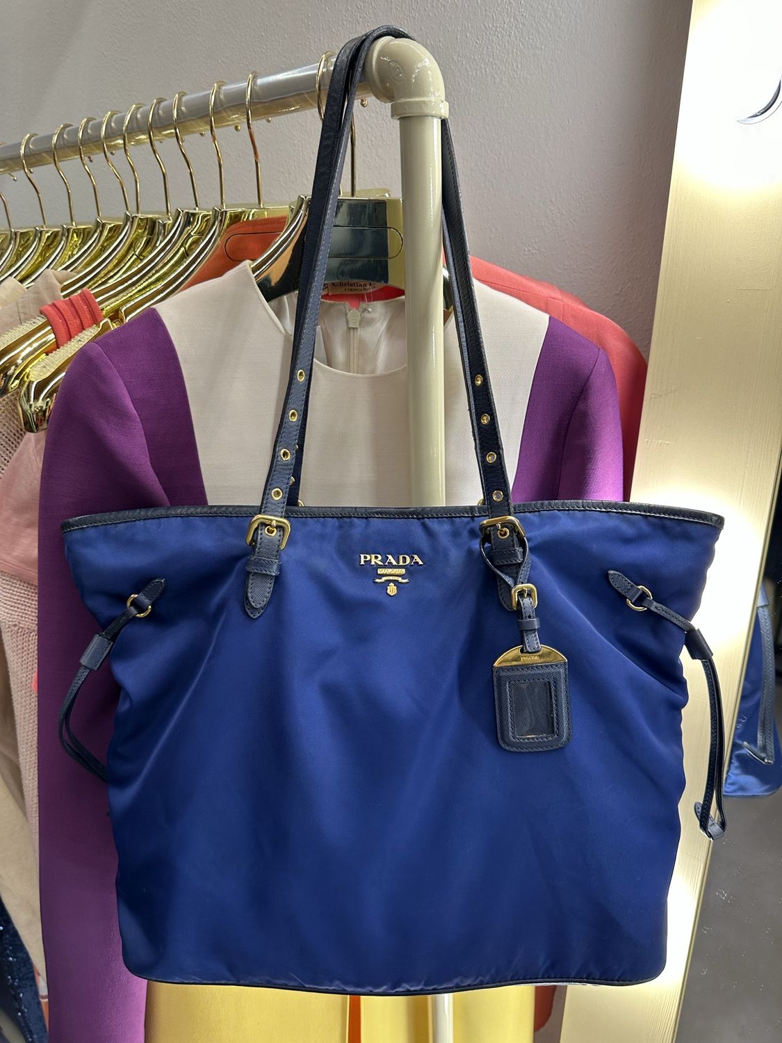 SHOPPER TRAPEZIO PRADA NYLON BLUETTE SAFFIANO BLU