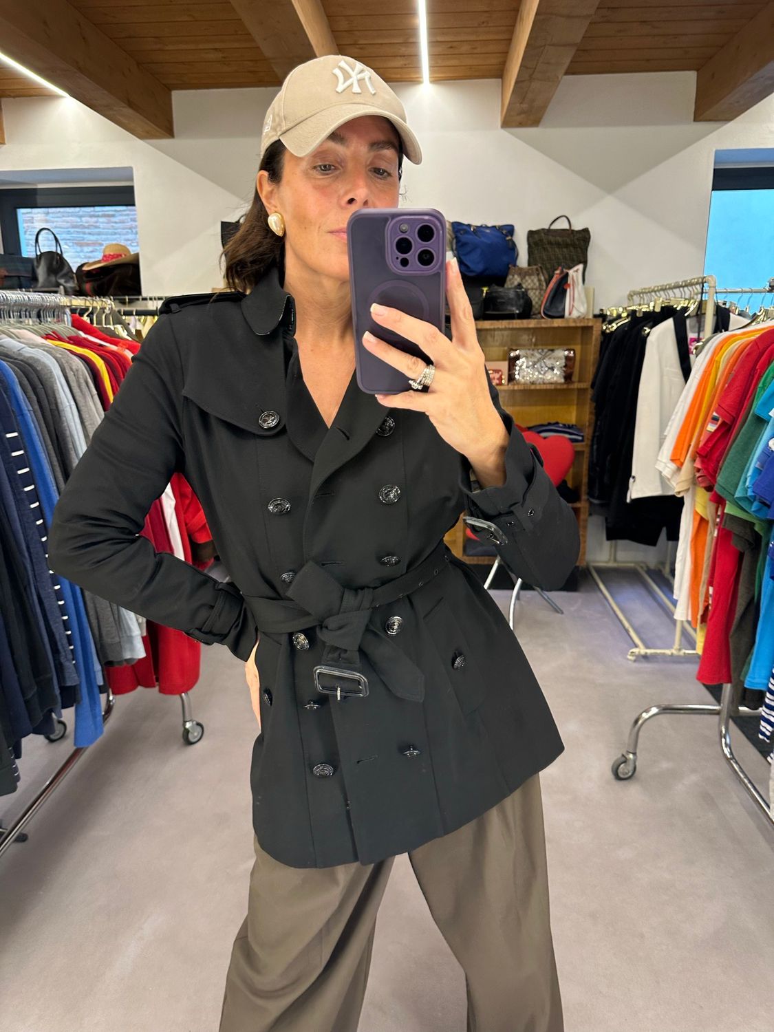 TRENCH BURBERRY NERO TESSUTO TECNICO MIDI FULL OPTIONAL TG 44 DONNA 