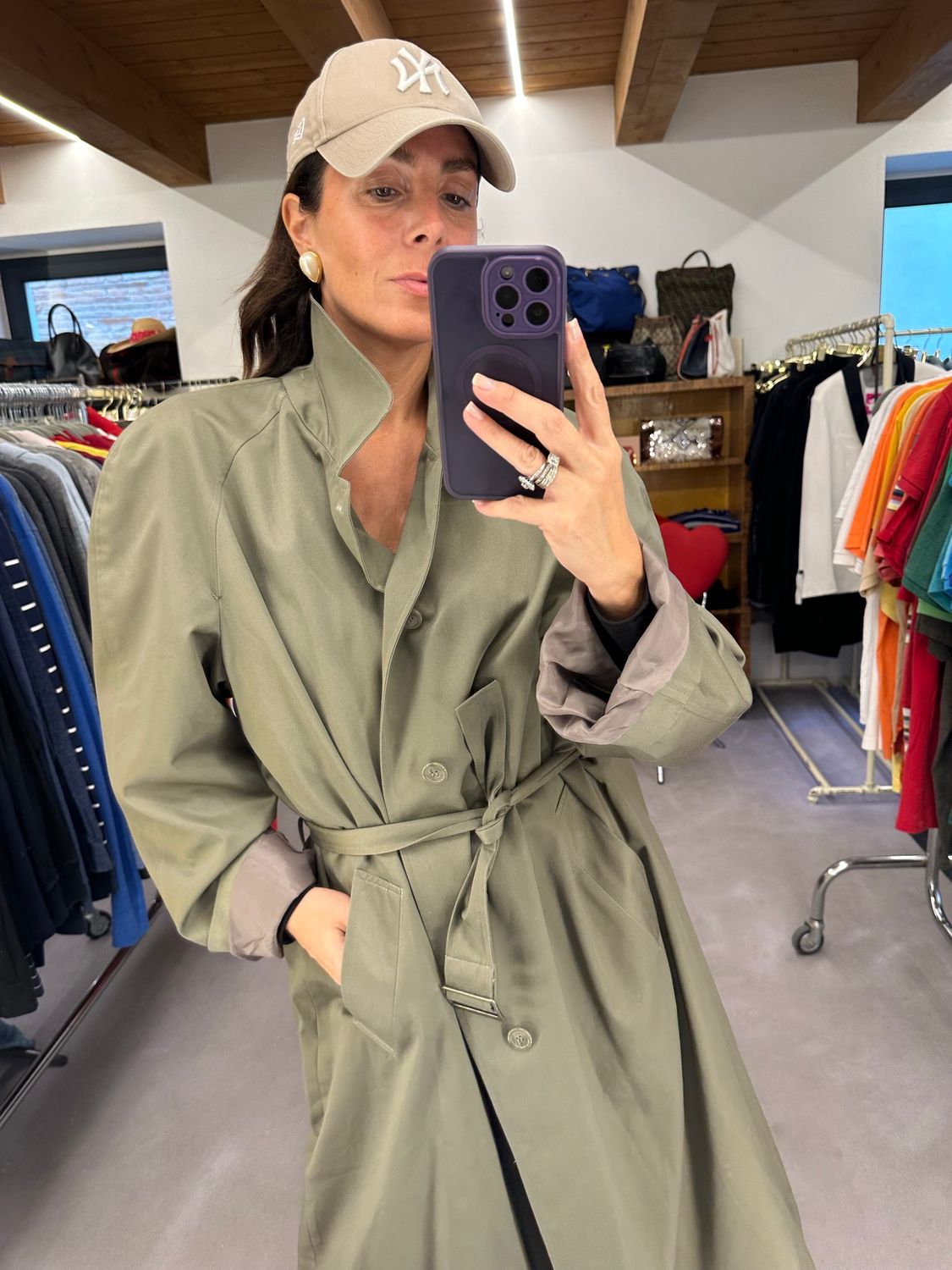TRENCH VINTAGE SARTORIALE VERDE MILITARE UNISEX TG 54