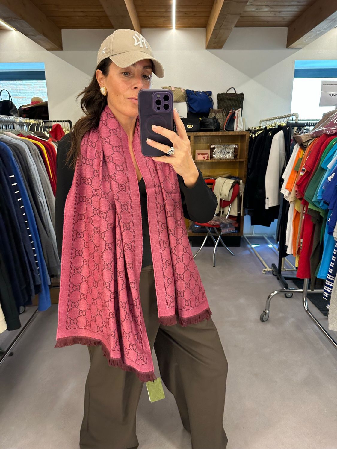 MAXI SCIARPA STOLA GUCCI LANA JACQUARD ROSA INTENSO/BORDEAUX NUOVA 