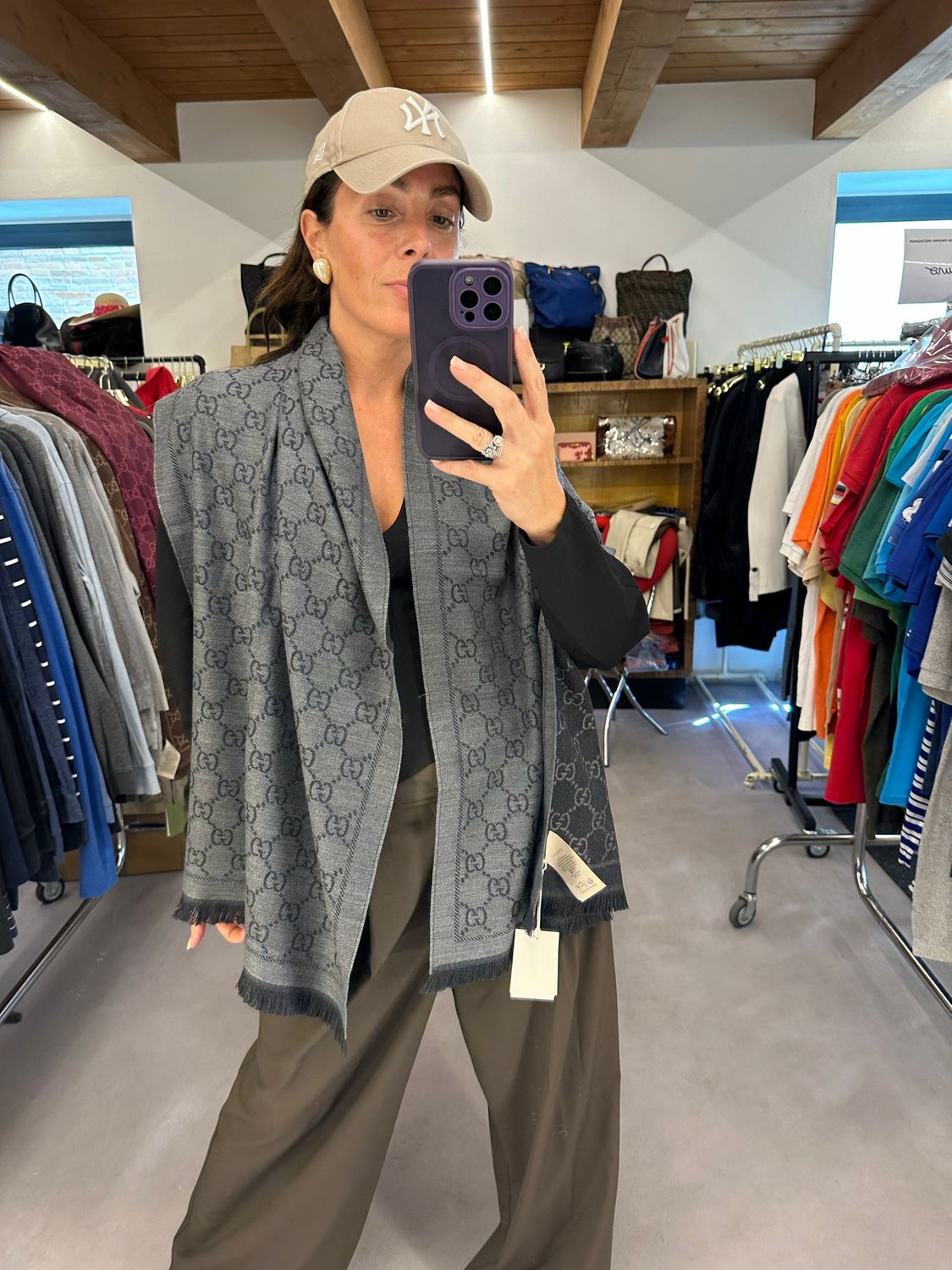 MAXI SCIARPA STOLA GUCCI LANA JACQUARD GRIGIO CHIARO/SCURO NUOVA