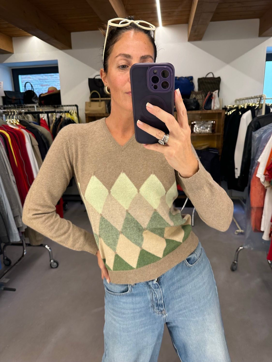 BALLANTYNE V NECK DONNA PURO CASHMERE ROMBI TONI DEL BEIGE/VERDE