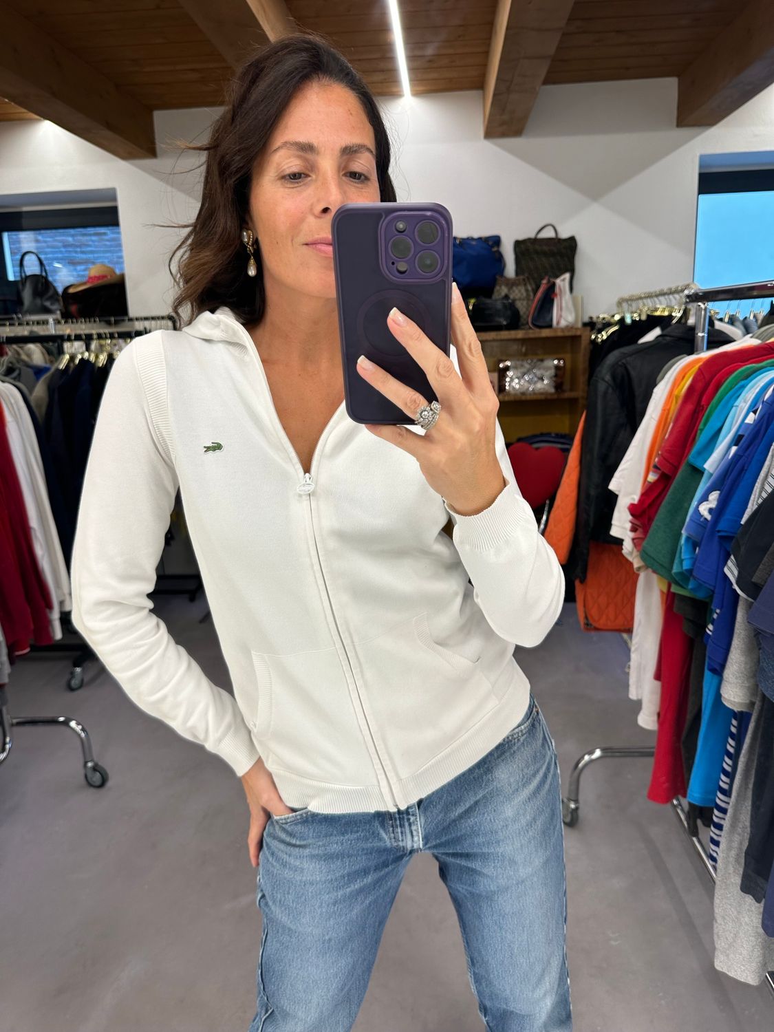 FELPINA IN COTONE FILATO LACOSTE MODELLO DONNA BIANCA TG S