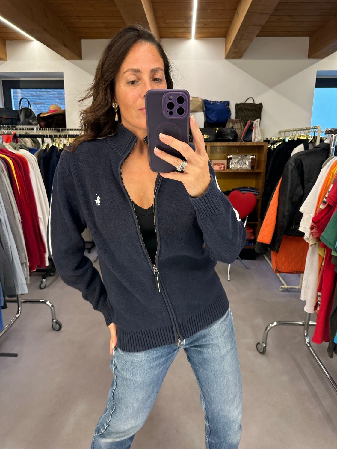 MAGLIONE CON ZIP RALPH LAUREN BLU BANDA BIANCA 