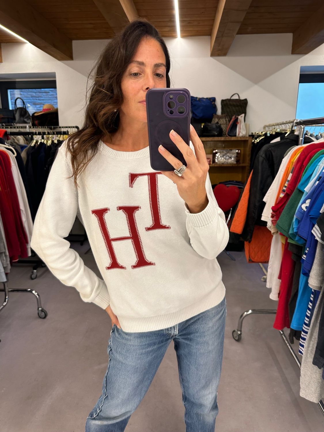 GIROCOLLO TOMMY HILFIGER PURO COTONE BIANCO MAXI LOGO BORDEAUX TG XL DONNA