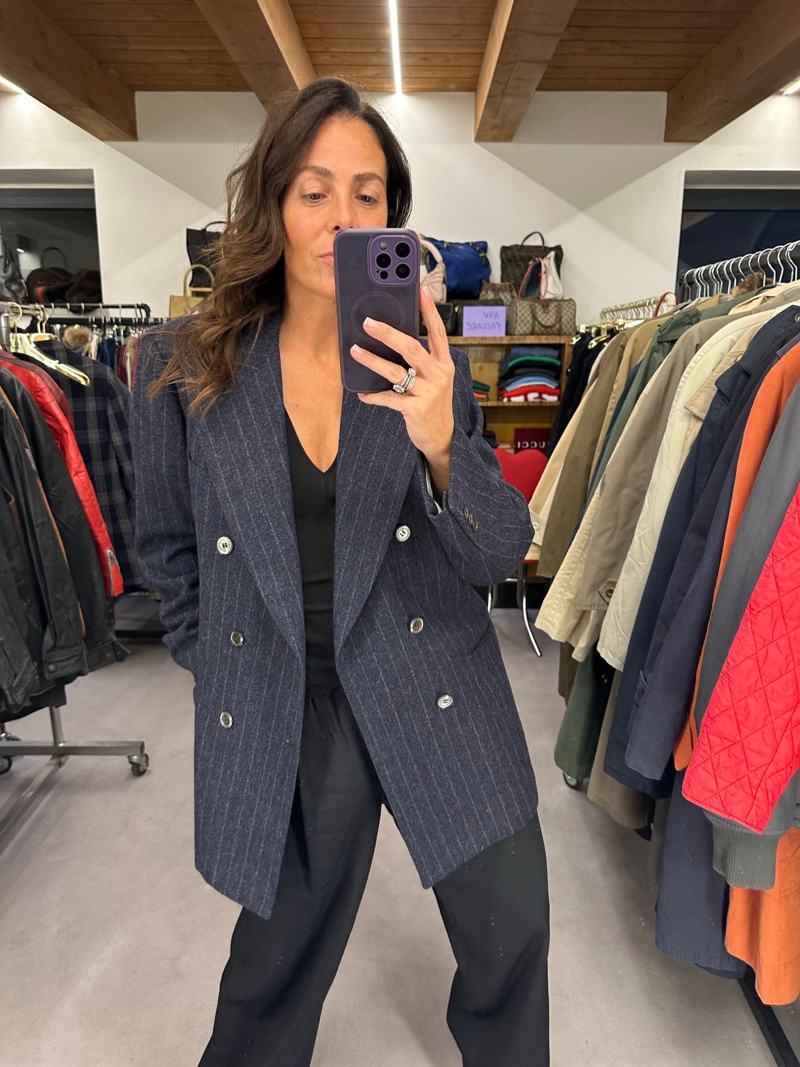 BLAZER SARTORIALE PANNO DI LANA GESSATO BLU DOPPIOPETTO REVER A LANCIA TG 54