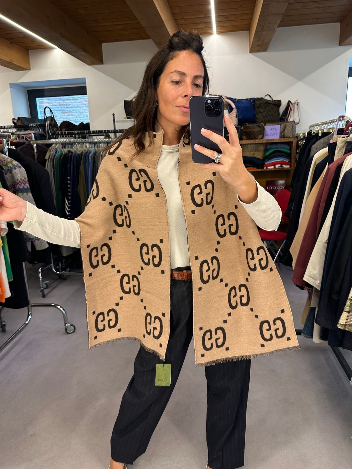 MAXI STOLA SCIARPA GUCCI MONOGRAM MAXI LANA E SETA CAMMELLO/TESTA DI MORO