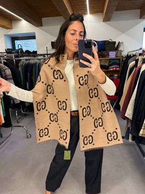 MAXI STOLA SCIARPA GUCCI MONOGRAM MAXI LANA E SETA CAMMELLO/TESTA DI MORO