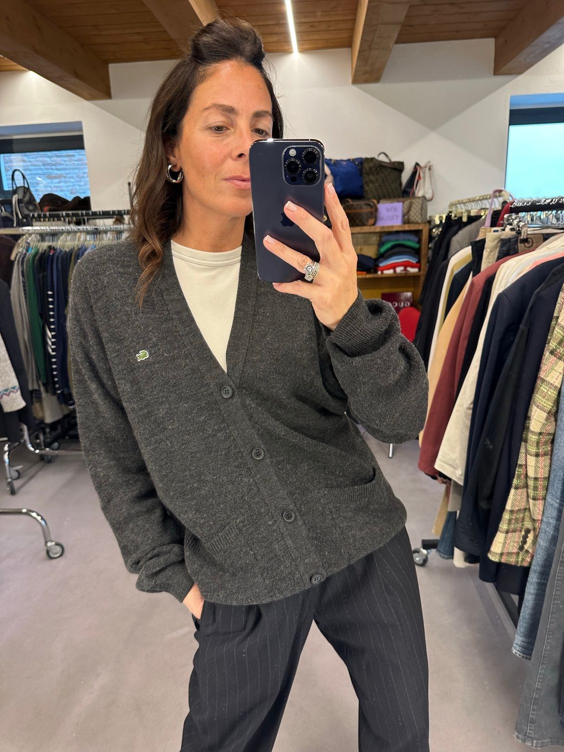 CARDIGAN LACOSTE UNISEX LANA MERINOS GRIGIO ANTRACITE MELANGE TG XL