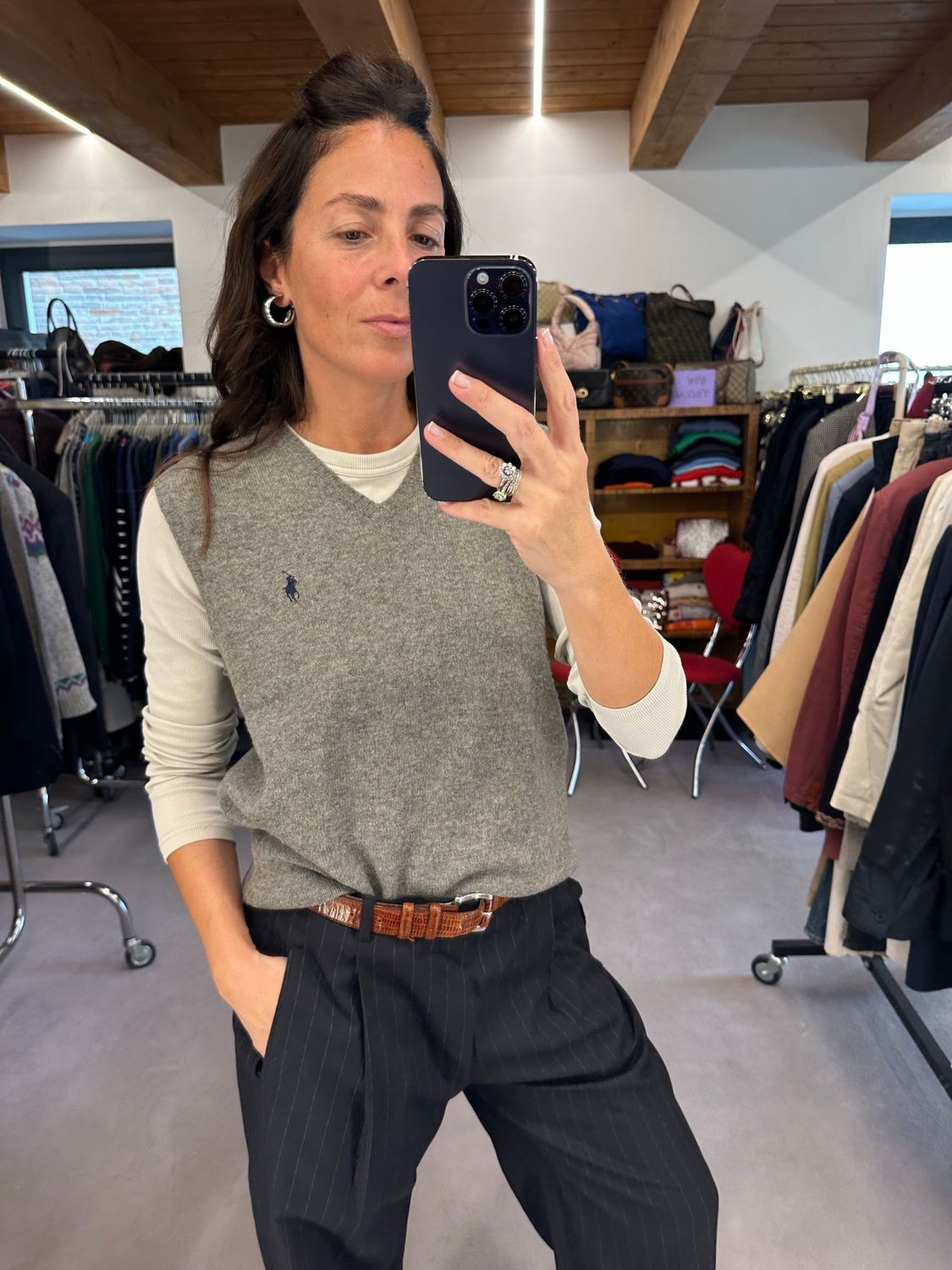 GILET RALPH LAUREN PURA LANA VERGINE GRIGIO CHIARO MELANGE CAVALLINO BLU TG M