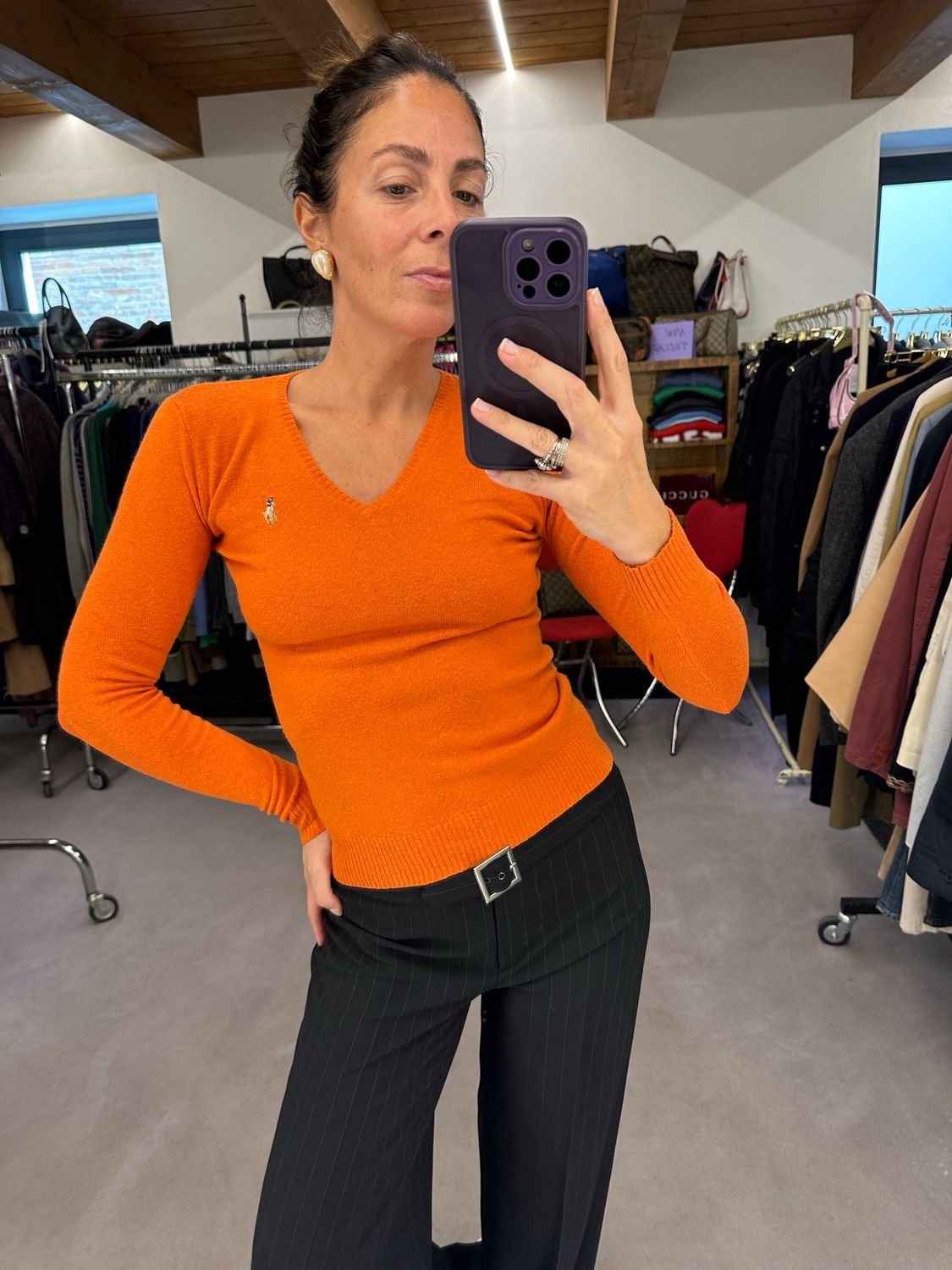 MAGLIONCINO RALPH LAUREN ARANCIO CAVALLINO DETTAGLIATO DONNA TG XS