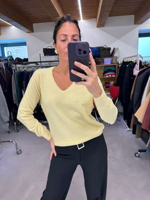 MAGLIONCINO PURO CASHMERE DONNA V NECK GIALLO PASTELLO TG L SLIM
