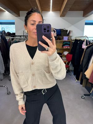 CARDIGAN PURO CASHMERE SABBIA MELANGE MODELLO CROP CON TASCHE TG M COMODA