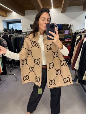 MAXI STOLA SCIARPA GUCCI MONOGRAM MAXI LANA E SETA CAMMELLO/TESTA DI MORO