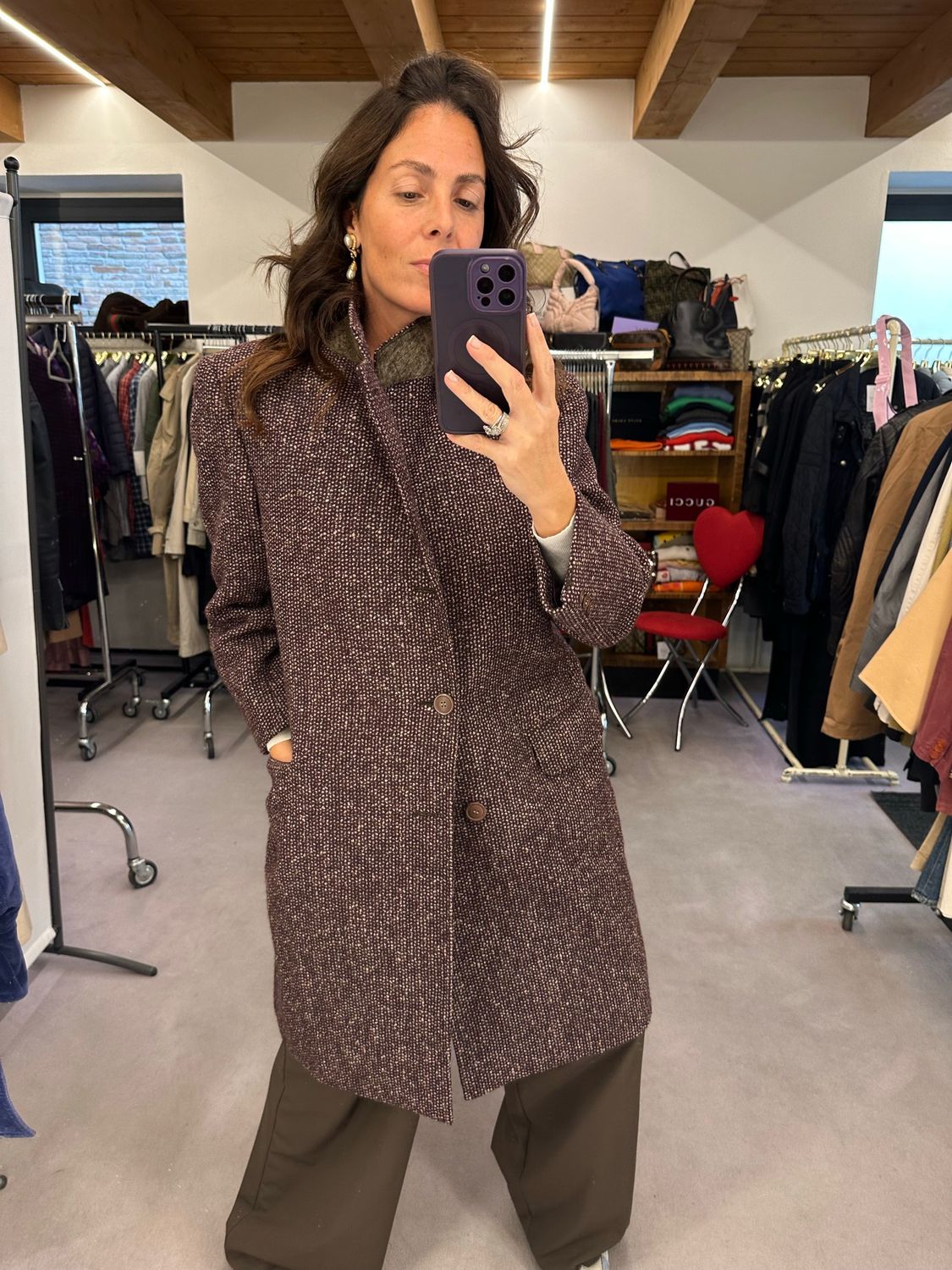 CAPPOTTO VINTAGE PURA LANA VERGINE LANA BOUCLÉ MARRONE MELANZANA 