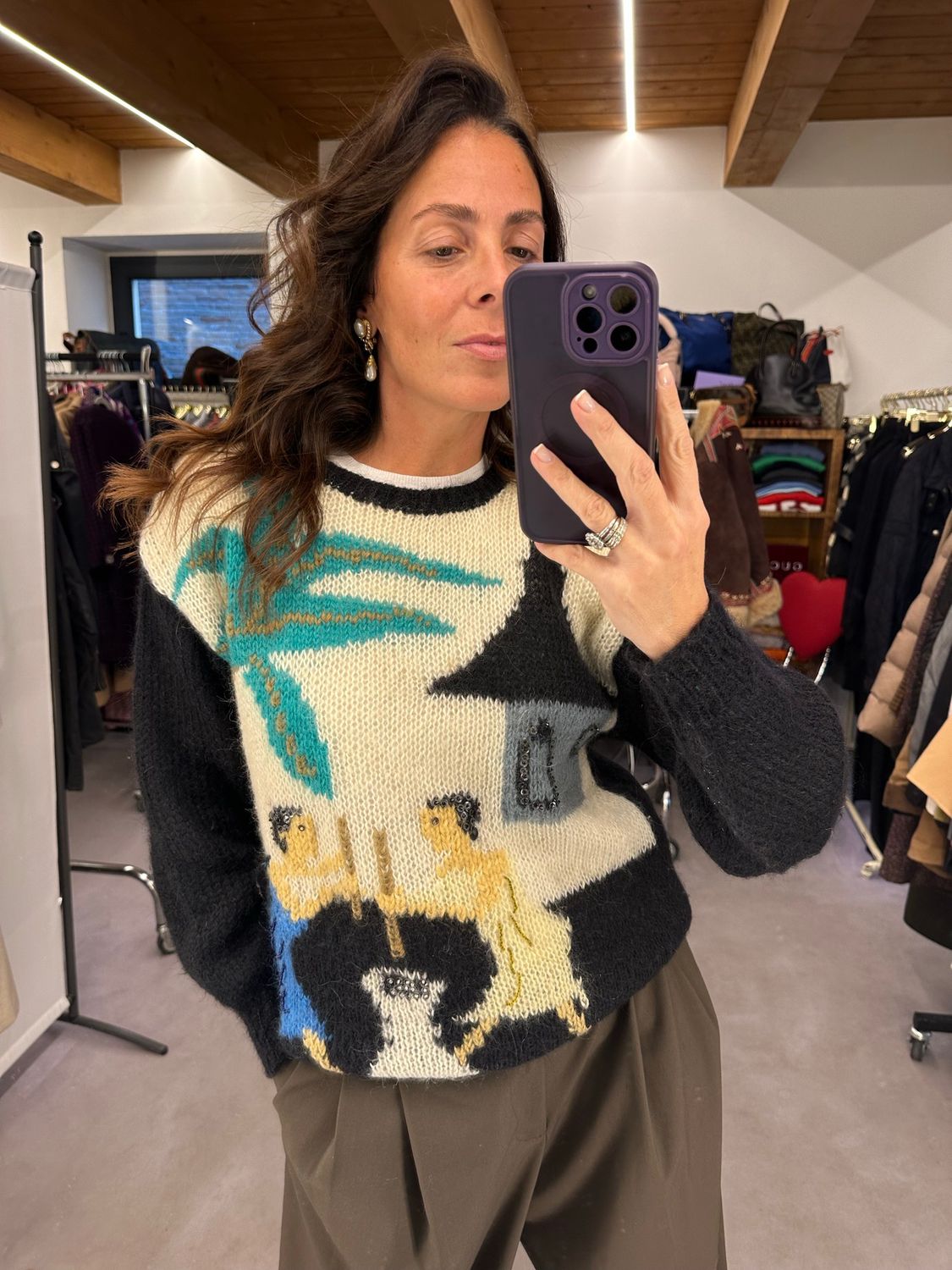 MAGLIONE VINTAGE MISTO MOHAIR JACQUARD CON RICAMI