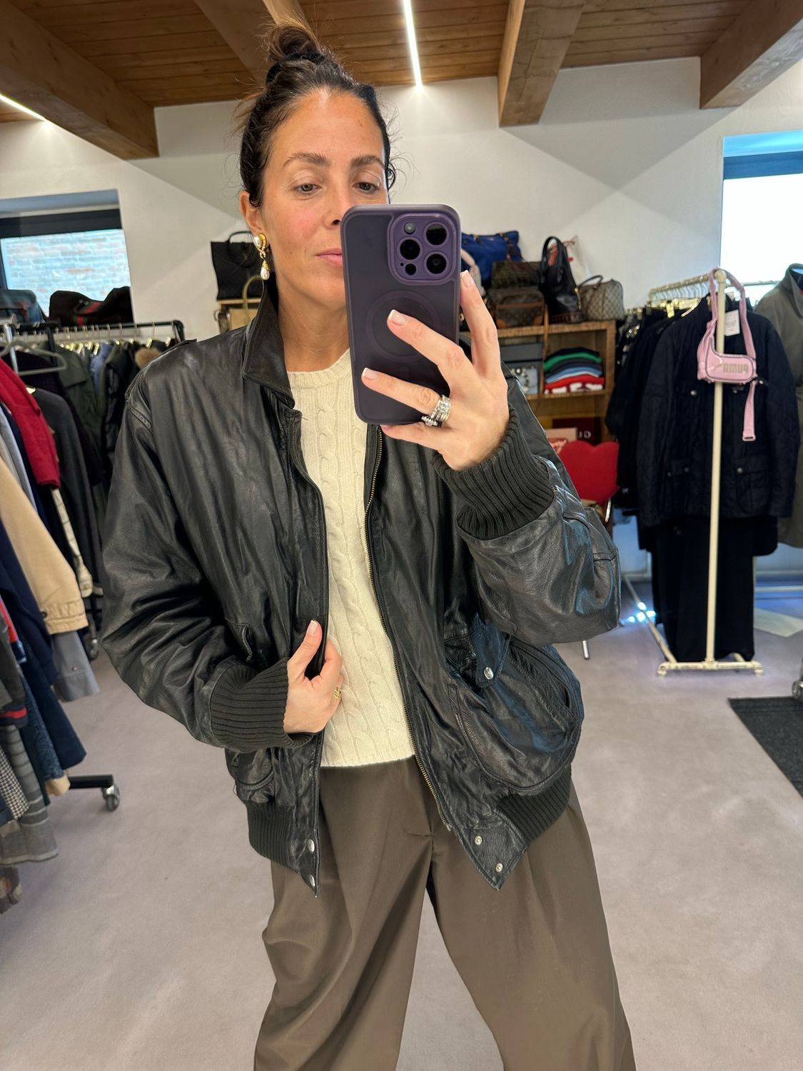 BOMBER AVIATOR PELLE NERA VINTAGE OVER