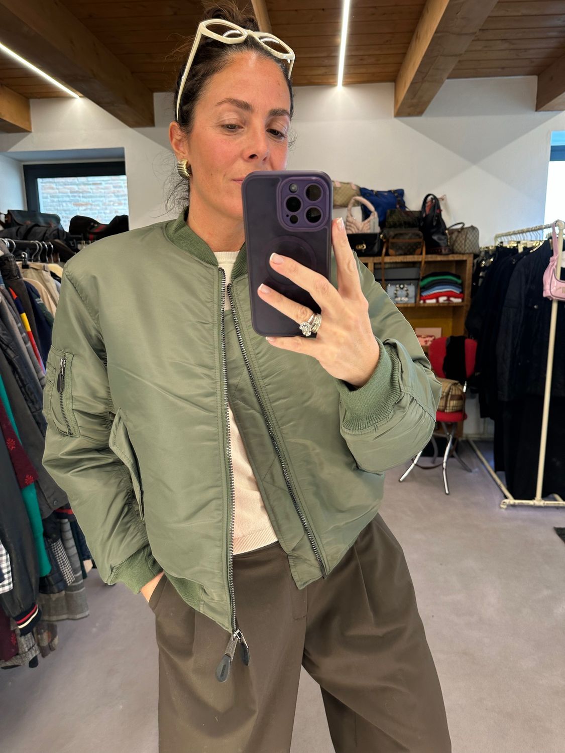 BOMBER MODELLO ORIGINALE VINTAGE NYLON VERDE IMBOTTITURA ARANCIO NUOVO TG S