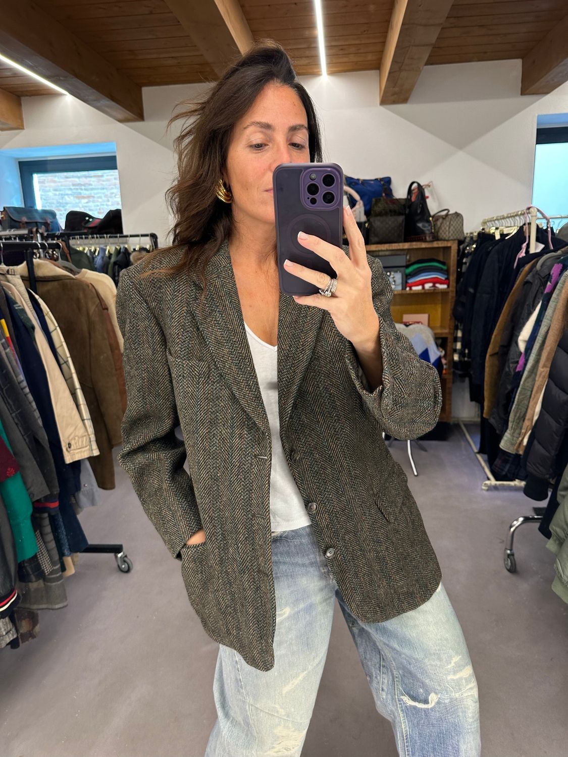 BLAZER HARRIS TWEED PURA LANA VERGINE SPINATA MARRONE TG 48 UNISEX