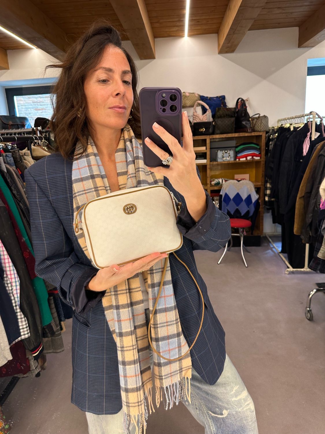 BORSA GUCCI VINTAGE CANVAS PANNA E PELLE CAMMELLO