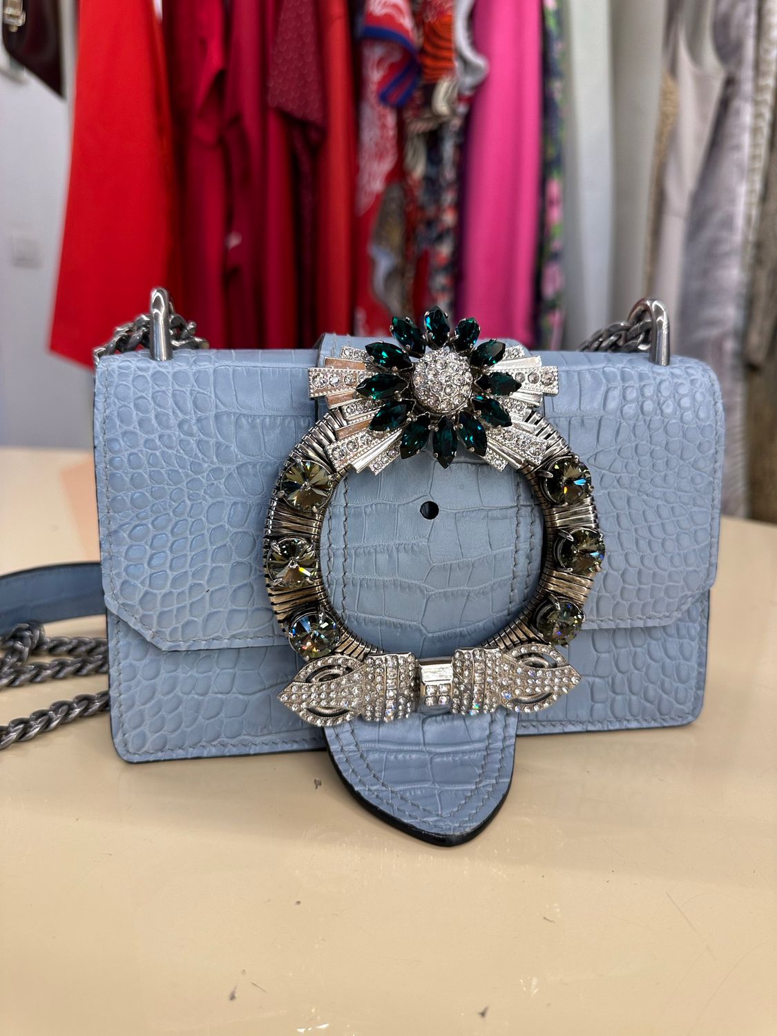 MIU MIU EXQUISITE CROC-EMBOSSES SHOULDER BAG CIELO