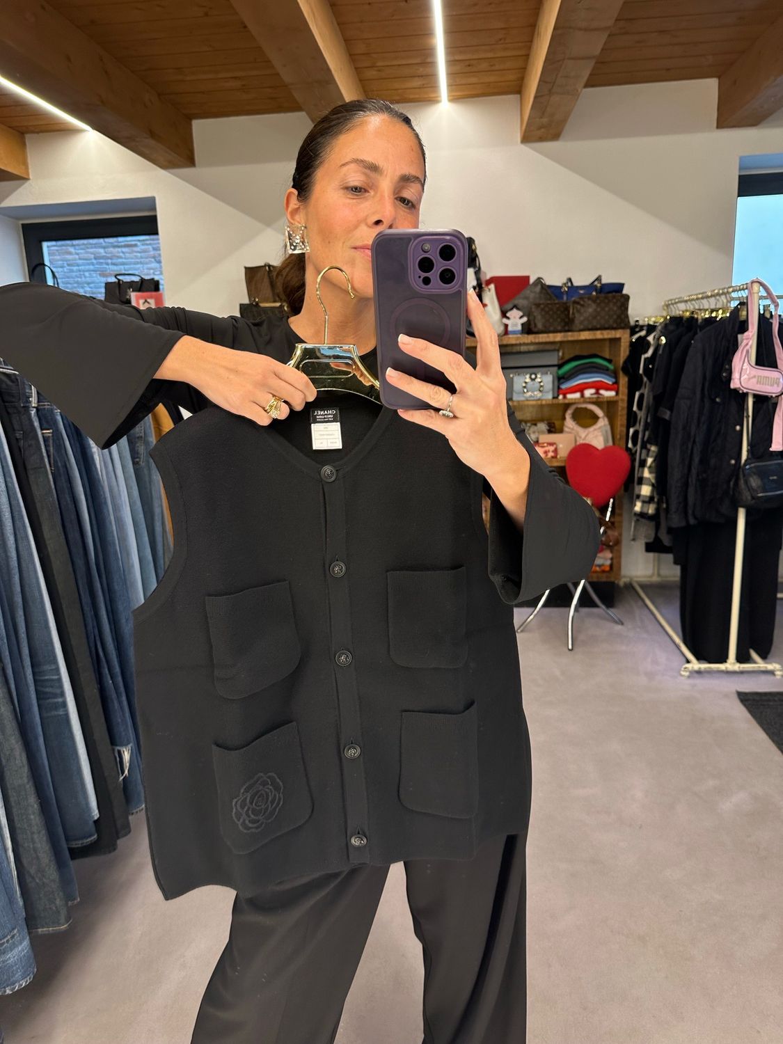 GILET CHANEL RICAMO CAMELIA E LOGO CC TG XL