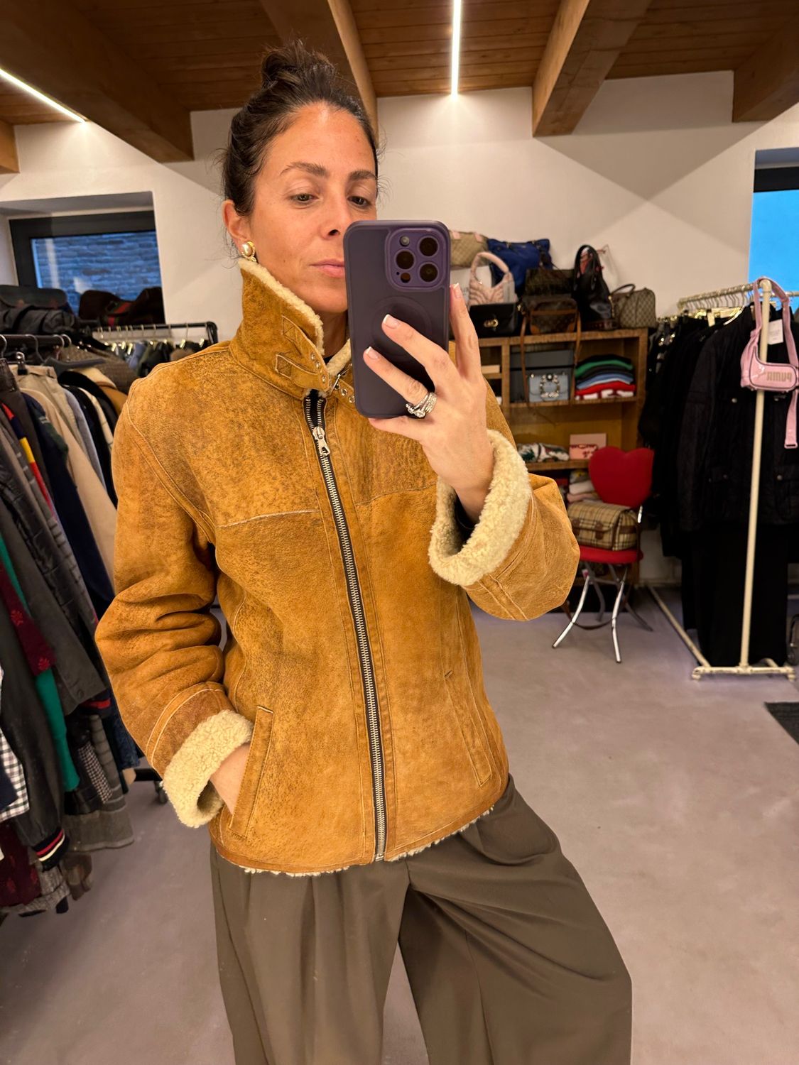 MONTONE VINTAGE SHEARLING ORIGINALE MODELLO AVIATOR COLLO ALTO CON DOPPIA FIBBIA