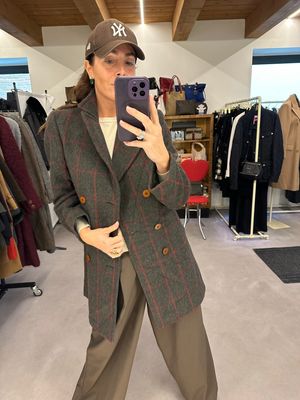 CAPPOTTO VINTAGE DOPPIOPETTO MIDI PURA LANA GRIGIO ANTRACITE SQUADRETTATURA ROSSA TG 46