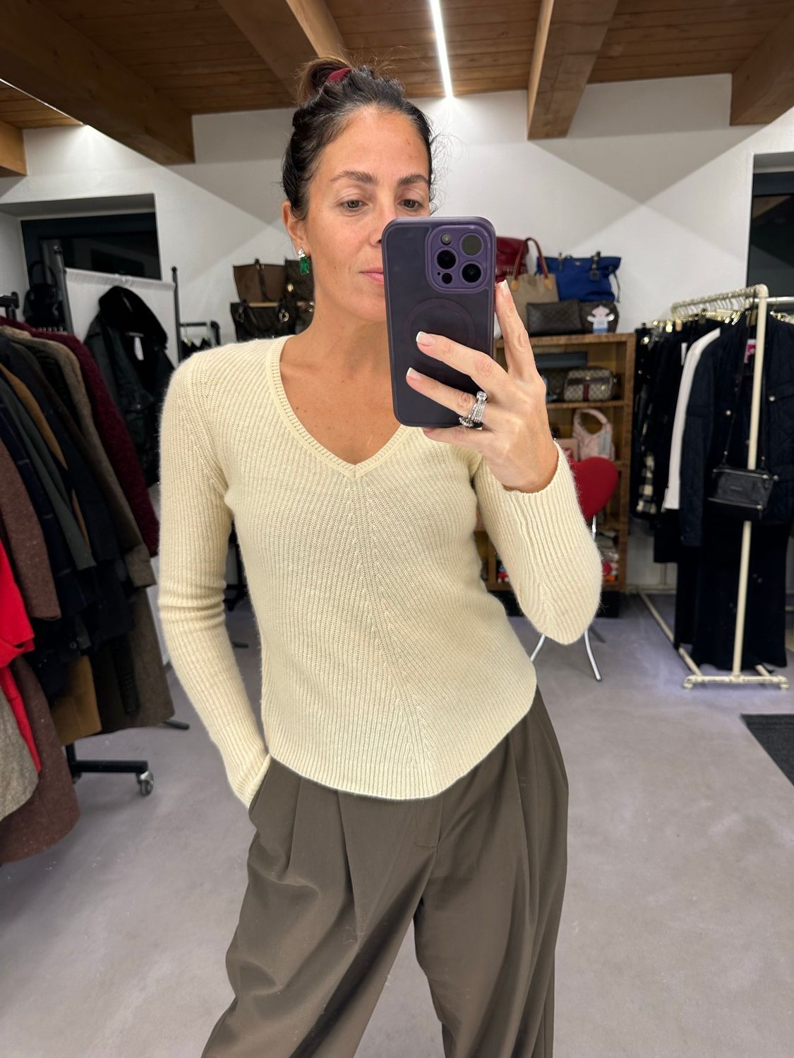 MAGLIONCINO DONNA PURO CASHMERE PANNA COSTE OBLIQUE