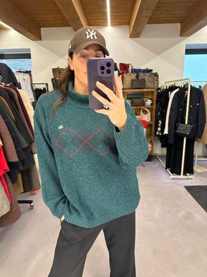 COLLO ALTO LACOSTE VERDE MELANGE FANTASIA ROMBI LOGO RICAMATO TG XL UNISEX PURA LANA VERGINE