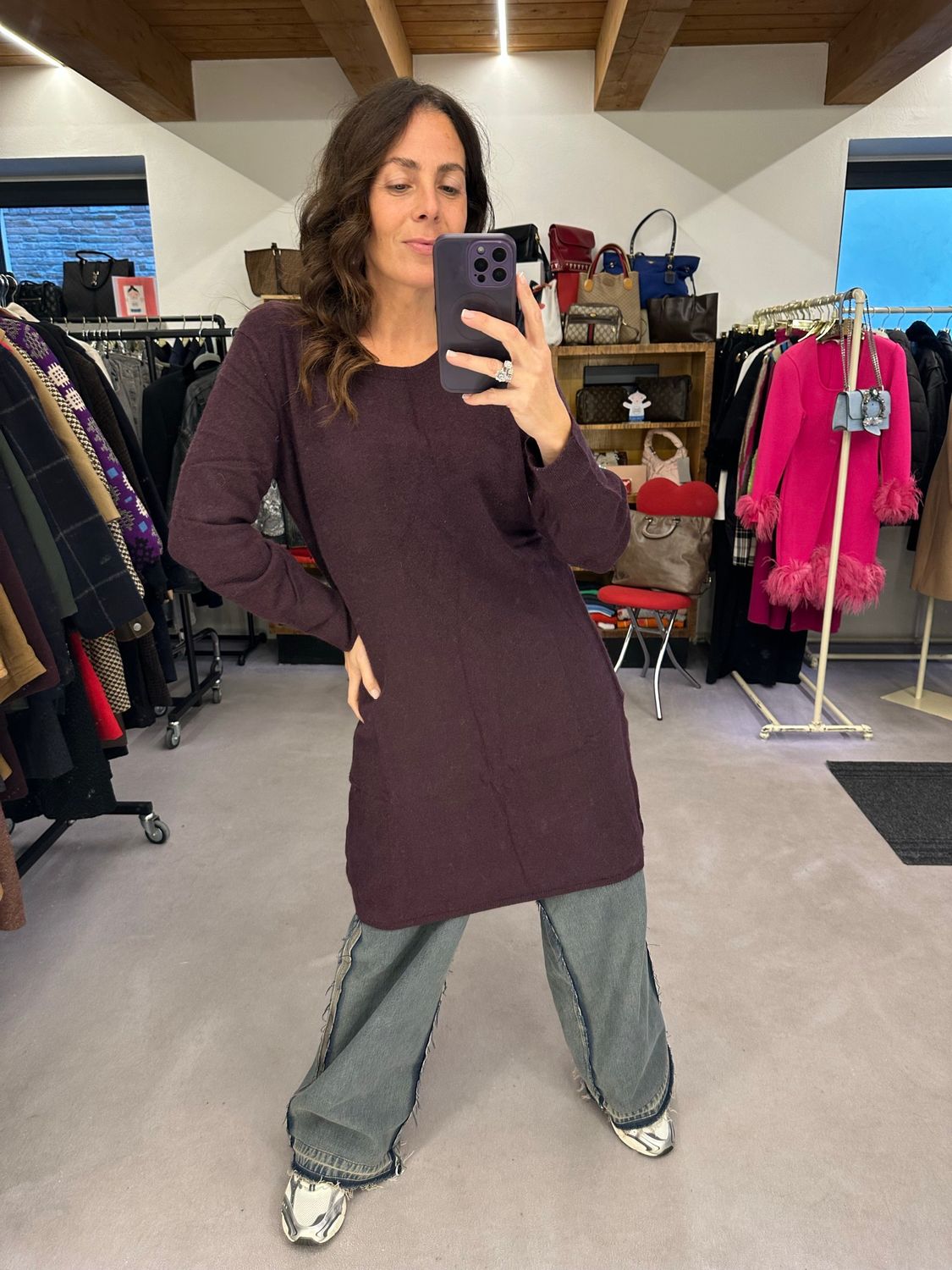 MAXI MAGLIA PURO CASHMERE MELANZANA TG L DONNA