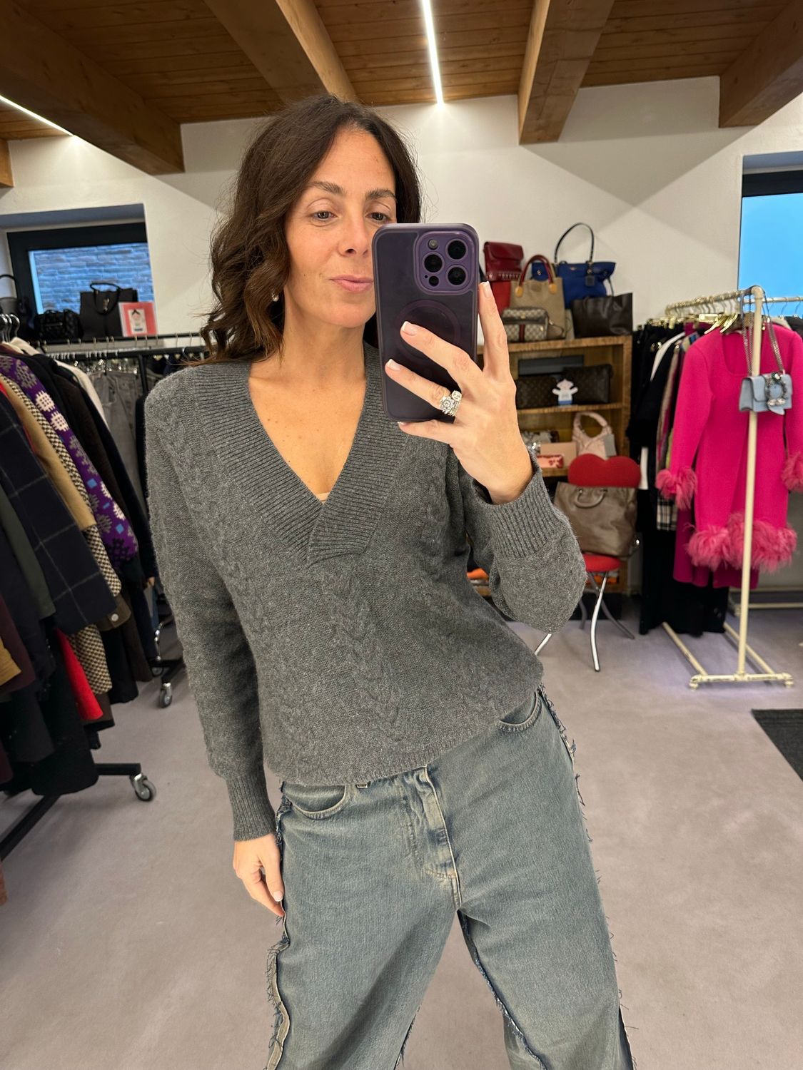 PURO CASHMERE V NECK GRIGIO A TRECCE TG L DONNA