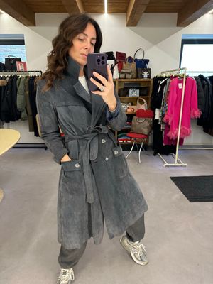 TRENCH VINTAGE PELLE SCAMOSCIATA GRIGIA INTERNO TRAPUNTATO 