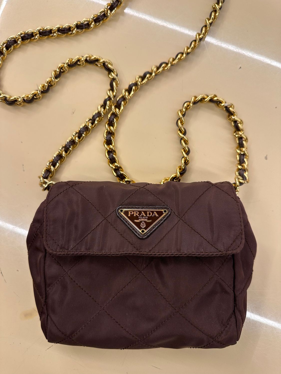 MINI BAG PRADA VINTAGE NYLON TRAPUNTATO TESTA DI MORO TRACOLLA CATENA ORO INSERTO SAFFIANO