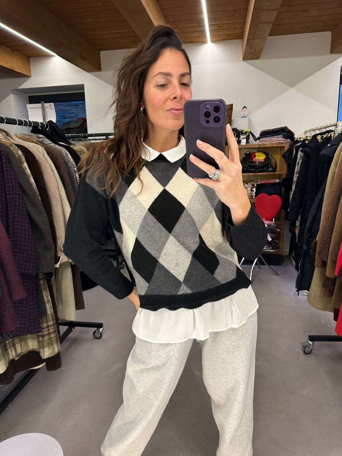 MAGLIONCINO PURO CASHMERE A ROMBI CON FINTA CAMICIA